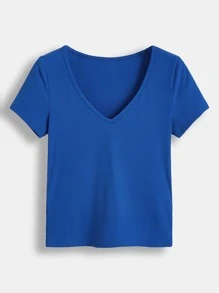 SHEIN BASICS 1入組素色條紋針織T恤 - 寶藍色 - 查看 5
