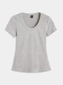 SHEIN BASICS Solid V-Neck Short Sleeves Slim Tee - Light Grey - View 6