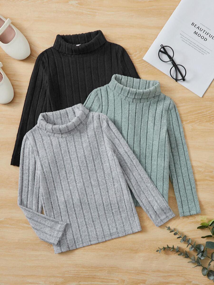 SHEIN 3pcs/Set Little Girls' Striped Knit Turtleneck T-Shirt, Fall & Winter - Multicolor - View 1