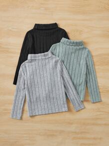 SHEIN 3pcs/Set Little Girls' Striped Knit Turtleneck T-Shirt, Fall & Winter - Multicolor - View 2