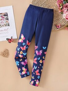 SHEIN 小女童蝴蝶圖案緊身打底褲 - 藏蓝色 - 查看 1