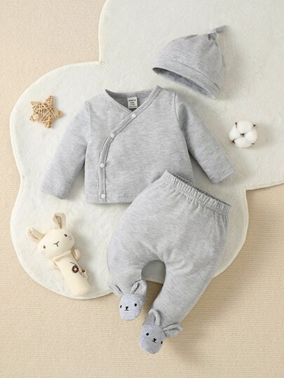 Baby Girl Solid Button Front Sleep Tee & 3D Ear Footed Pants