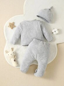 Baby Girl Solid Button Front Sleep Tee & 3D Ear Footed Pants - Grey - View 2