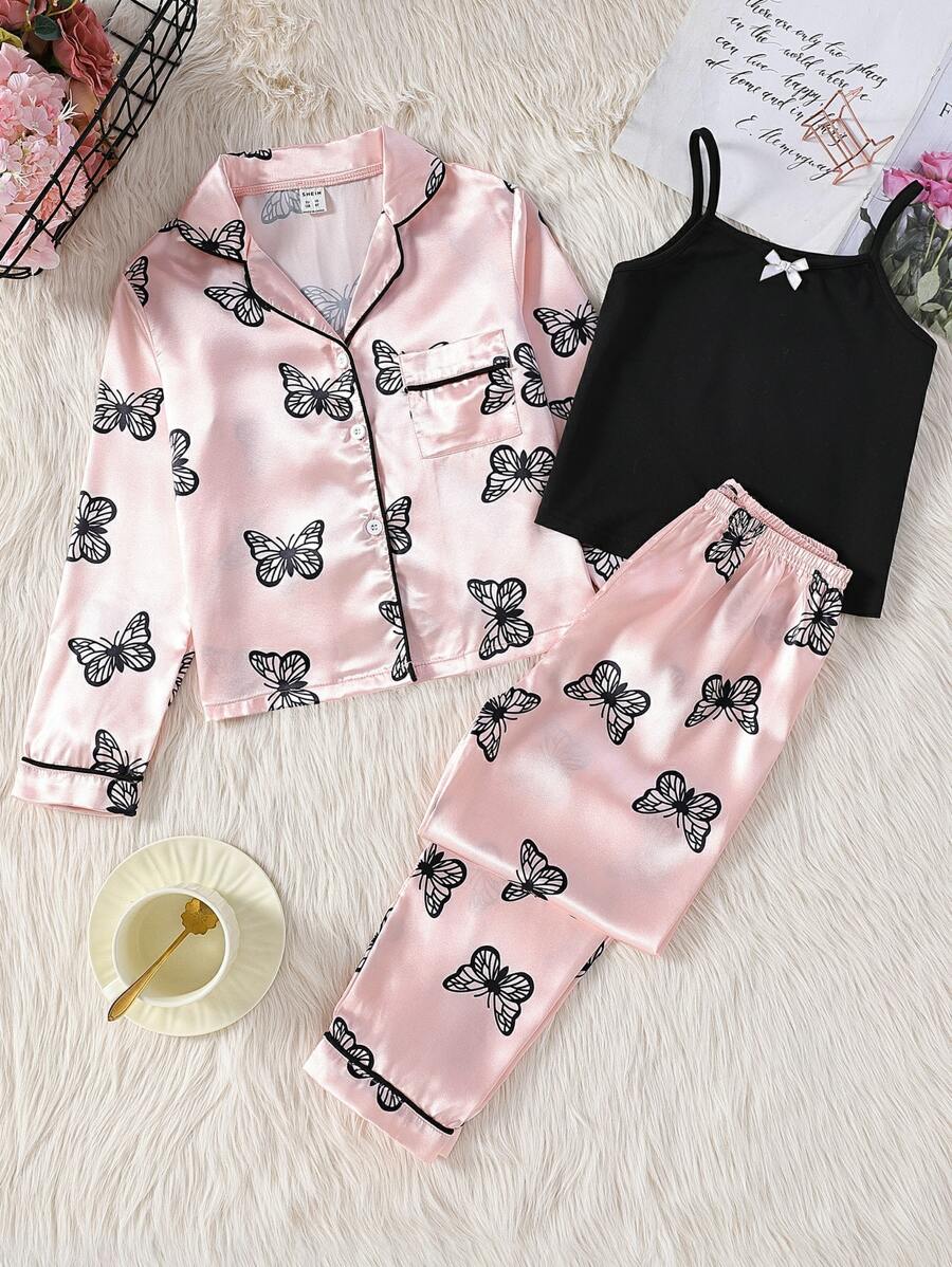 3pcs/Set Girls' Black Camisole & Butterfly Print Pink Satin Pajama Set, Suitable For Autumn/Winter - Multicolor - View 1
