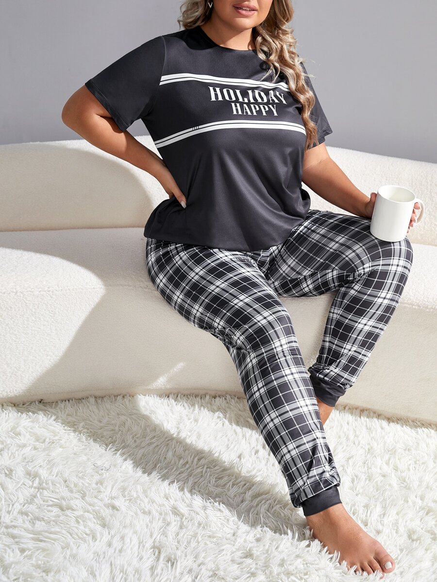 Plus Plaid & Letter Graphic PJ Set / Pajama Set - Black and White - View 1