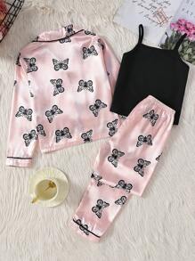 3pcs/Set Girls' Black Camisole & Butterfly Print Pink Satin Pajama Set, Suitable For Autumn/Winter - Multicolor - View 2
