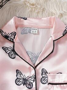 3pcs/Set Girls' Black Camisole & Butterfly Print Pink Satin Pajama Set, Suitable For Autumn/Winter - Multicolor - View 3