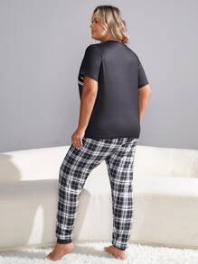 Plus Plaid & Letter Graphic PJ Set / Pajama Set - Black and White - View 2