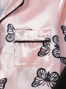 3pcs/Set Girls' Black Camisole & Butterfly Print Pink Satin Pajama Set, Suitable For Autumn/Winter - Multicolor - View 4