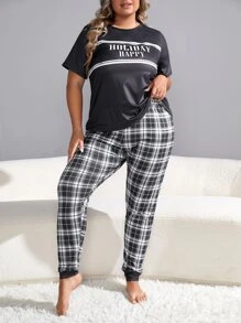 Plus Plaid & Letter Graphic PJ Set / Pajama Set - Black and White - View 3