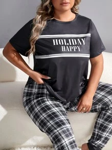 Plus Plaid & Letter Graphic PJ Set / Pajama Set - Black and White - View 4
