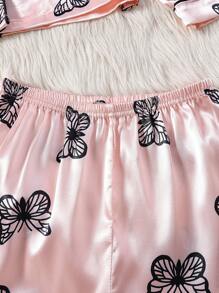 3pcs/Set Girls' Black Camisole & Butterfly Print Pink Satin Pajama Set, Suitable For Autumn/Winter - Multicolor - View 7