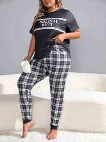Plus Plaid & Letter Graphic PJ Set / Pajama Set - Black and White - View 5