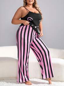 大碼條紋圖案和卡通圖案睡衣套裝 - 彩色 - 查看 5