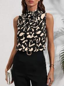 SHEIN Clasi Áo sơ mi nữ Thắt nơ trước Tất cả trên in Thanh lịch - màu đen - Xem 1