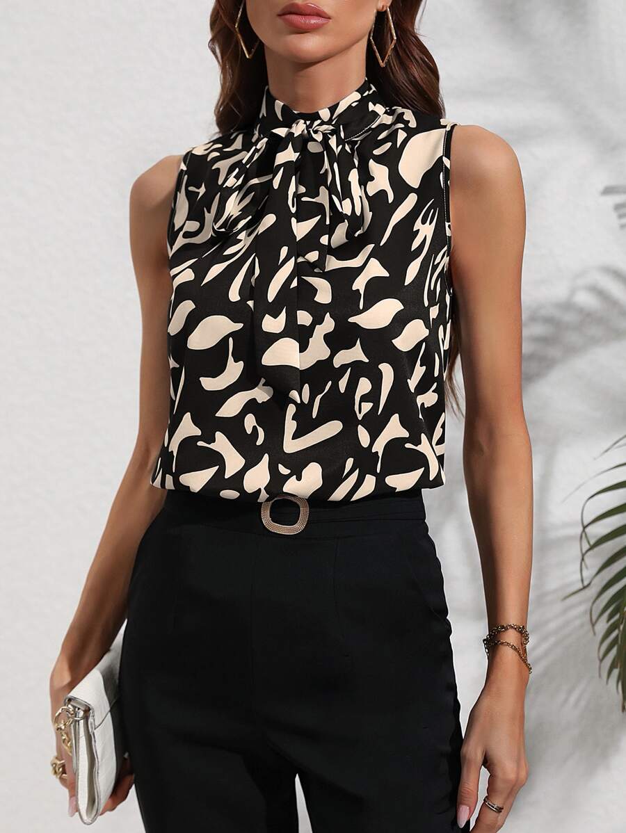 SHEIN Clasi Áo sơ mi nữ Thắt nơ trước Tất cả trên in Thanh lịch - màu đen - Xem 1