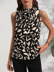 SHEIN Clasi Áo sơ mi nữ Thắt nơ trước Tất cả trên in Thanh lịch - màu đen - Xem 3