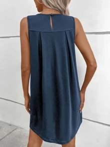 SHEIN LUNE Solid Keyhole Back Plicated Detail Tank Dress - Navy Blue - View 2
