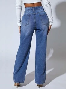 SHEIN PETITE High Waist Ripped Straight Leg Jeans - Medium Wash - View 2