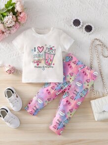 SHEIN Baby Girl Cartoon & Slogan Graphic Tee & Leggings - Multicolor - View 1