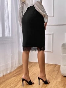 SHEIN Privé Contrast Lace Split Hem Pencil Skirt - Black - View 2