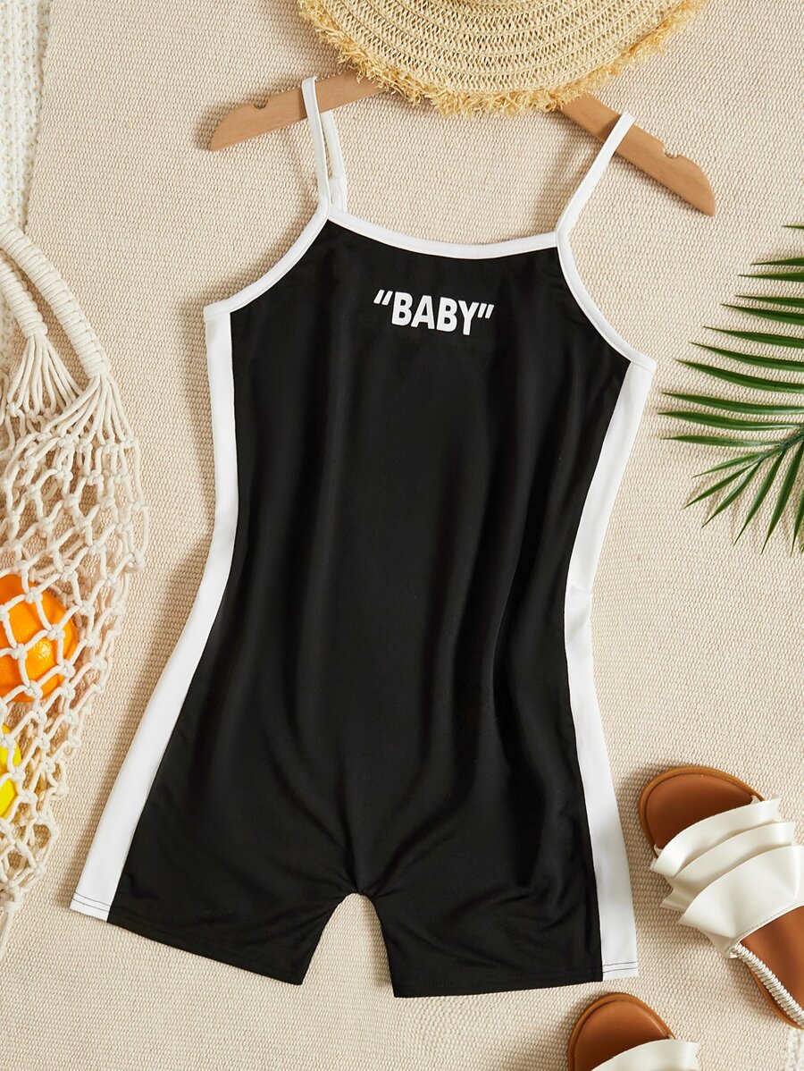 SHEIN Áo liền quần Gái Tương phản ràng buộc Khối Màu Lá thư Giải trí - màu đen - Xem 1