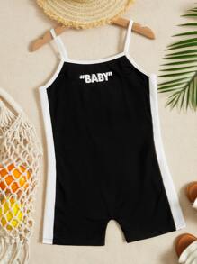 SHEIN Áo liền quần Gái Tương phản ràng buộc Khối Màu Lá thư Giải trí - màu đen - Xem 3