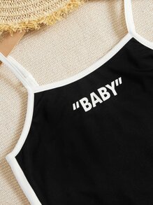 SHEIN Áo liền quần Gái Tương phản ràng buộc Khối Màu Lá thư Giải trí - màu đen - Xem 5