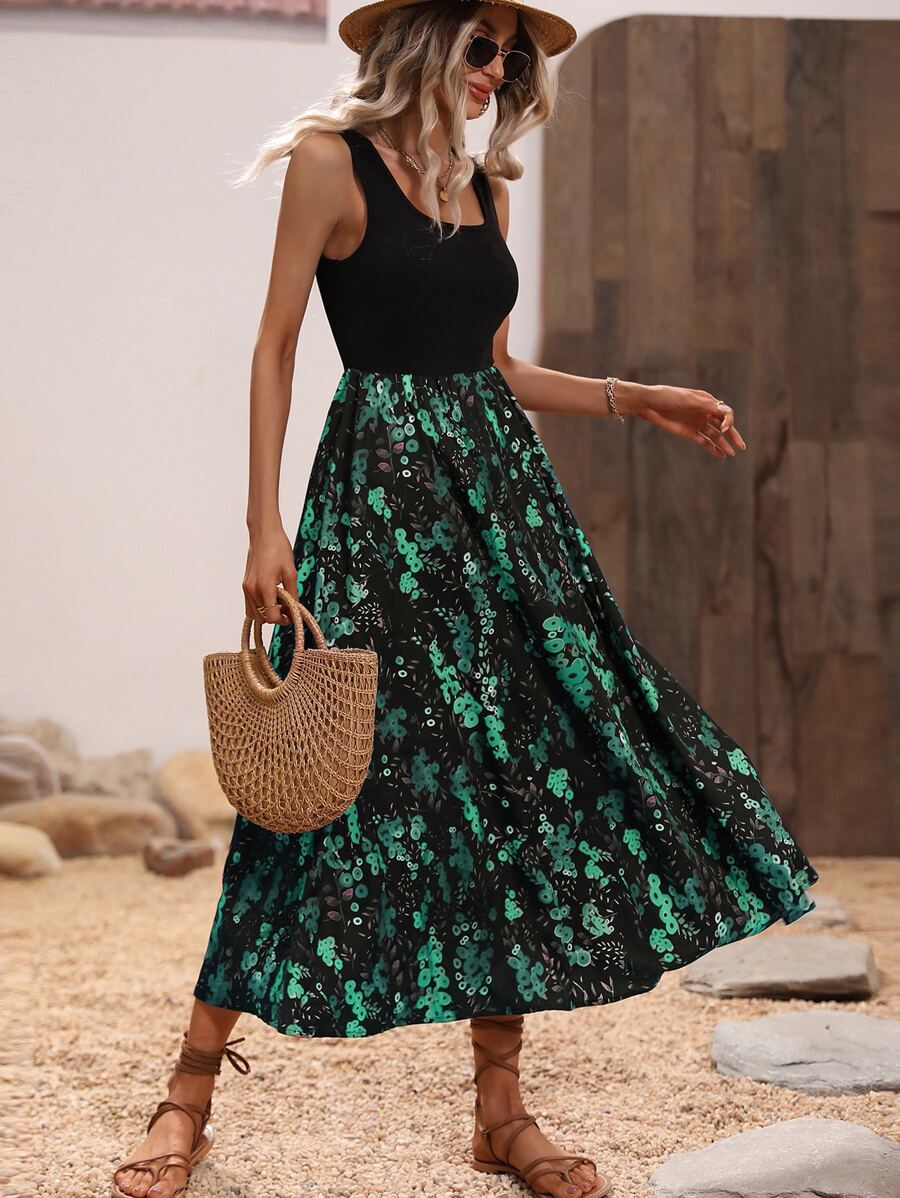 SHEIN Clasi 植物圖案無袖A字連衣裙 - 綠色 - 查看 1