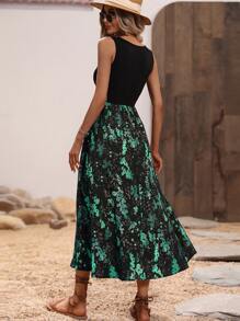 SHEIN Clasi 植物圖案無袖A字連衣裙 - 綠色 - 查看 2