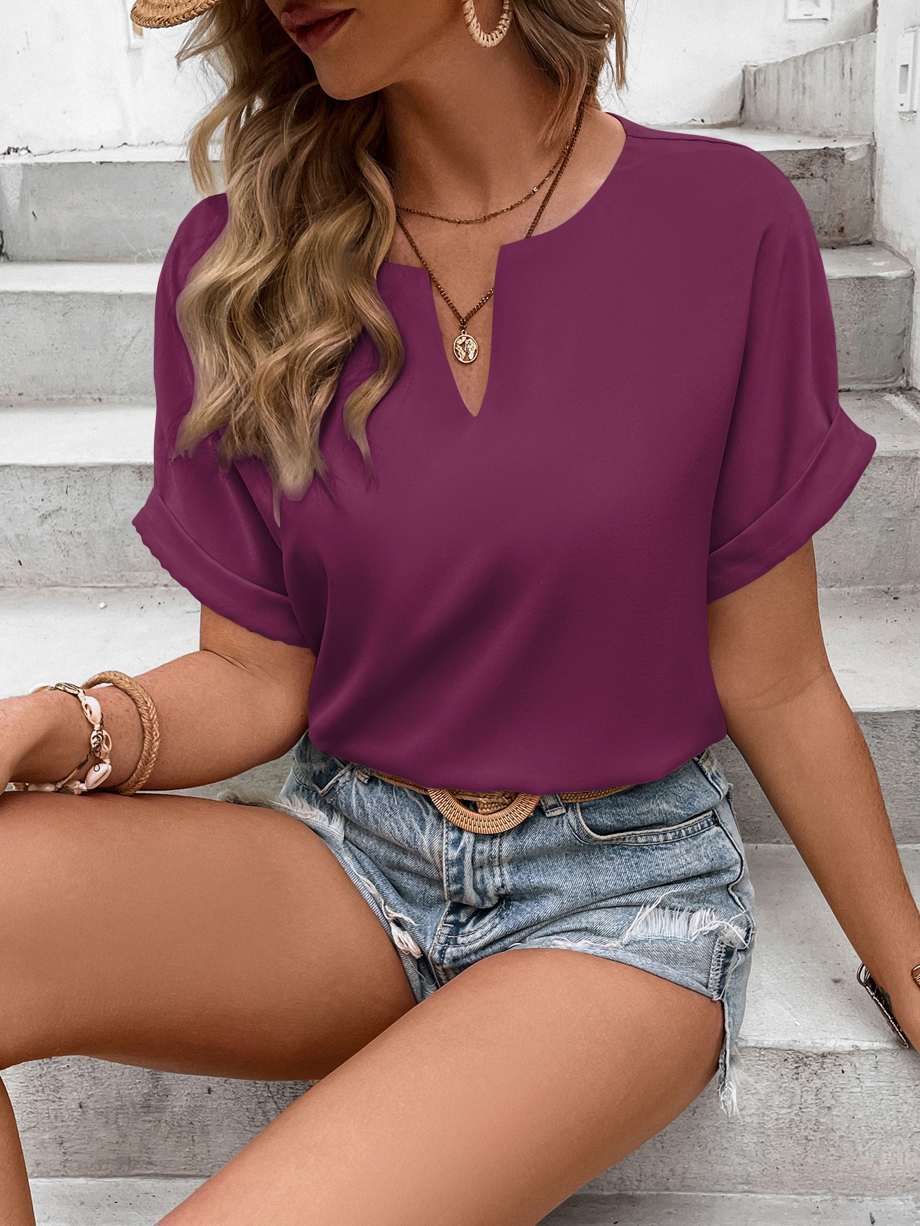 SHEIN LUNE Notched Neck Batwing Sleeve Blouse