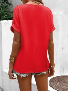SHEIN LUNE Blusa de cuello de muesca de manga murciélago - Rojo - Ver 2
