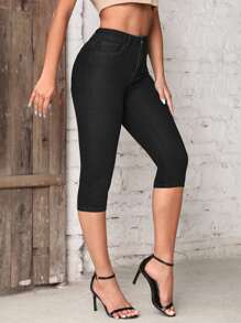 SHEIN Frenchy Quần jean nữ Nút Túi Dây kéo màu trơn - màu đen - Xem 5