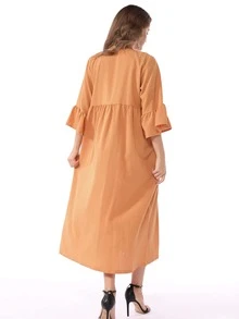 柔軟的迷你洋裝，短袖松身設計，刺繡花朵 - 橘色 - 查看 2