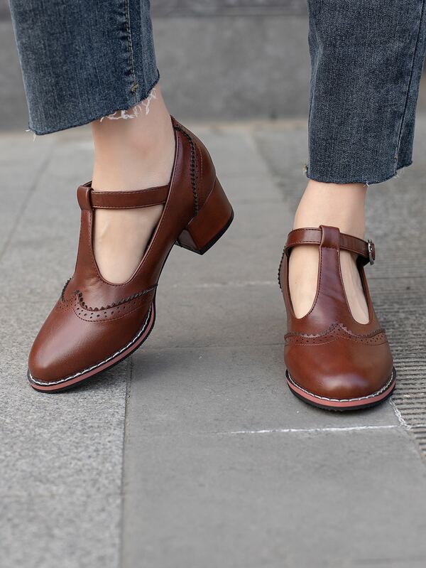 Elegant Brown Mary Jane Shoes For Women, Scallop Trim Chunky Heeled