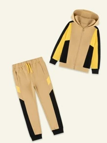 男孩撞色拉鏈連帽衫和腰部抽繩衛褲 - 彩色 - 查看 1