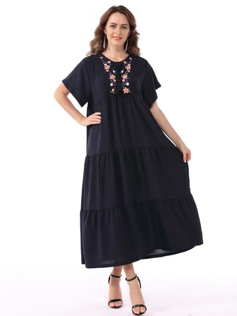 Floral Embroidery Ruffle Hem Smock Dress