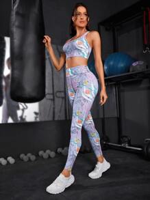 滿版印花運動型文胸和緊身打底褲 - 粉色 - 查看 4