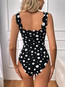SHEIN Privé Polka Dot Scallop Trim Tank Bodysuit - Black and White - View 2