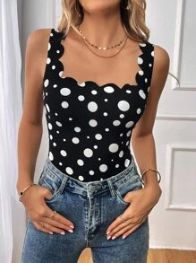 SHEIN Privé Polka Dot Scallop Trim Tank Bodysuit - Black and White - View 4