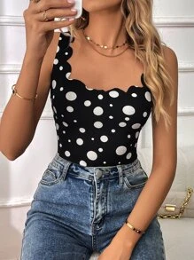 SHEIN Privé Polka Dot Scallop Trim Tank Bodysuit - Black and White - View 6