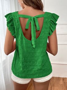 SHEIN VCAY Solid Ruffle Trim Textured Blouse