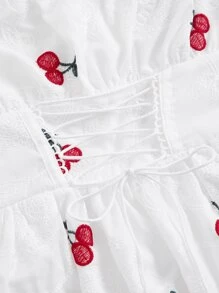 SHEIN MOD Vestido campesino con estampado de cerezas, busto fruncido y mangas abullonadas - Blanco - Ver 3