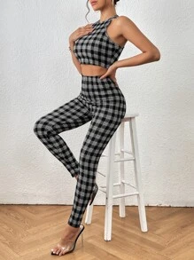 SHEIN Privé Plaid Print Crop Tank Top & Leggings - Black and White - View 3
