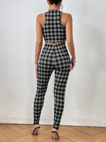 SHEIN Privé Plaid Print Crop Tank Top & Leggings - Black and White - View 2