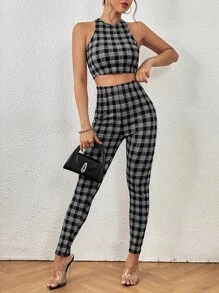 SHEIN Privé Plaid Print Crop Tank Top & Leggings - Black and White - View 1