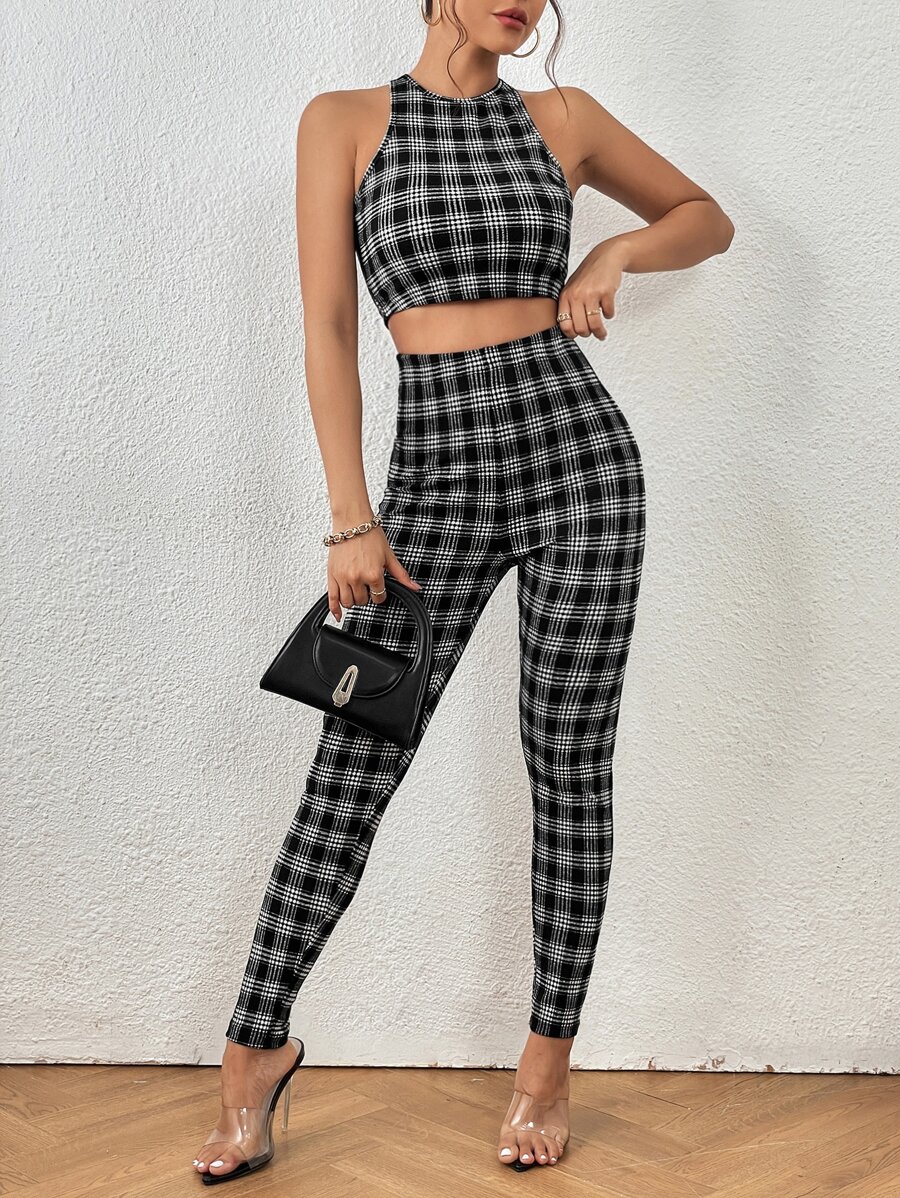 SHEIN Privé Plaid Print Crop Tank Top & Leggings - Black and White - View 1