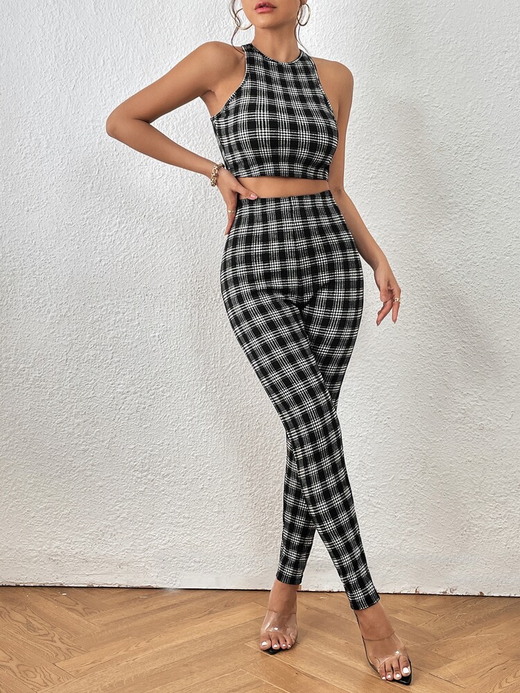 SHEIN Privé con estampado de cuadros Top tank crop & Leggings - Blanco y Negro - Añade 5