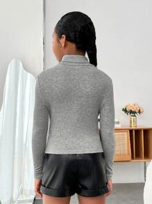 SHEIN Chicas Camiseta de cuello tortuga tejido de canalé - Gris Claro - Ver 2