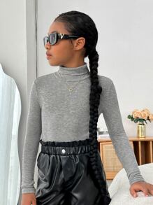 SHEIN Chicas Camiseta de cuello tortuga tejido de canalé - Gris Claro - Ver 4